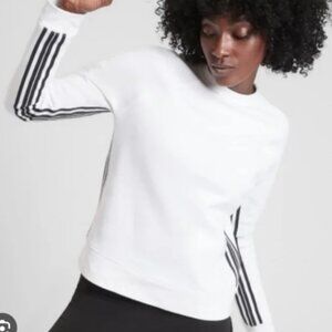 Athleta White Boxy Sweatshirt with Black Stripes on Arms, Size XS